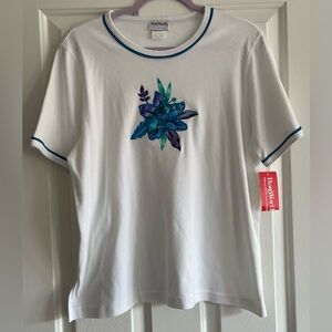 NWT Vintage Bon Worth Grandma Core Blue Purple Flower Appliqué Tee Shirt Top MP